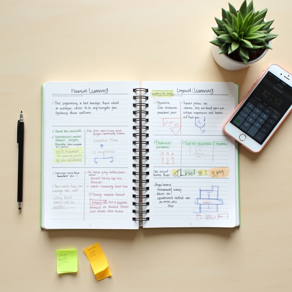 Workbook and notes from a household finance learning session