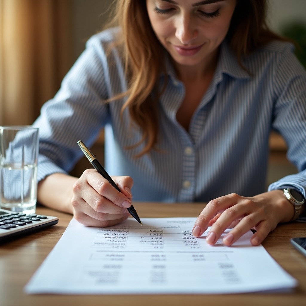 Woman reviewing household budget spreadsheet at kitchen table