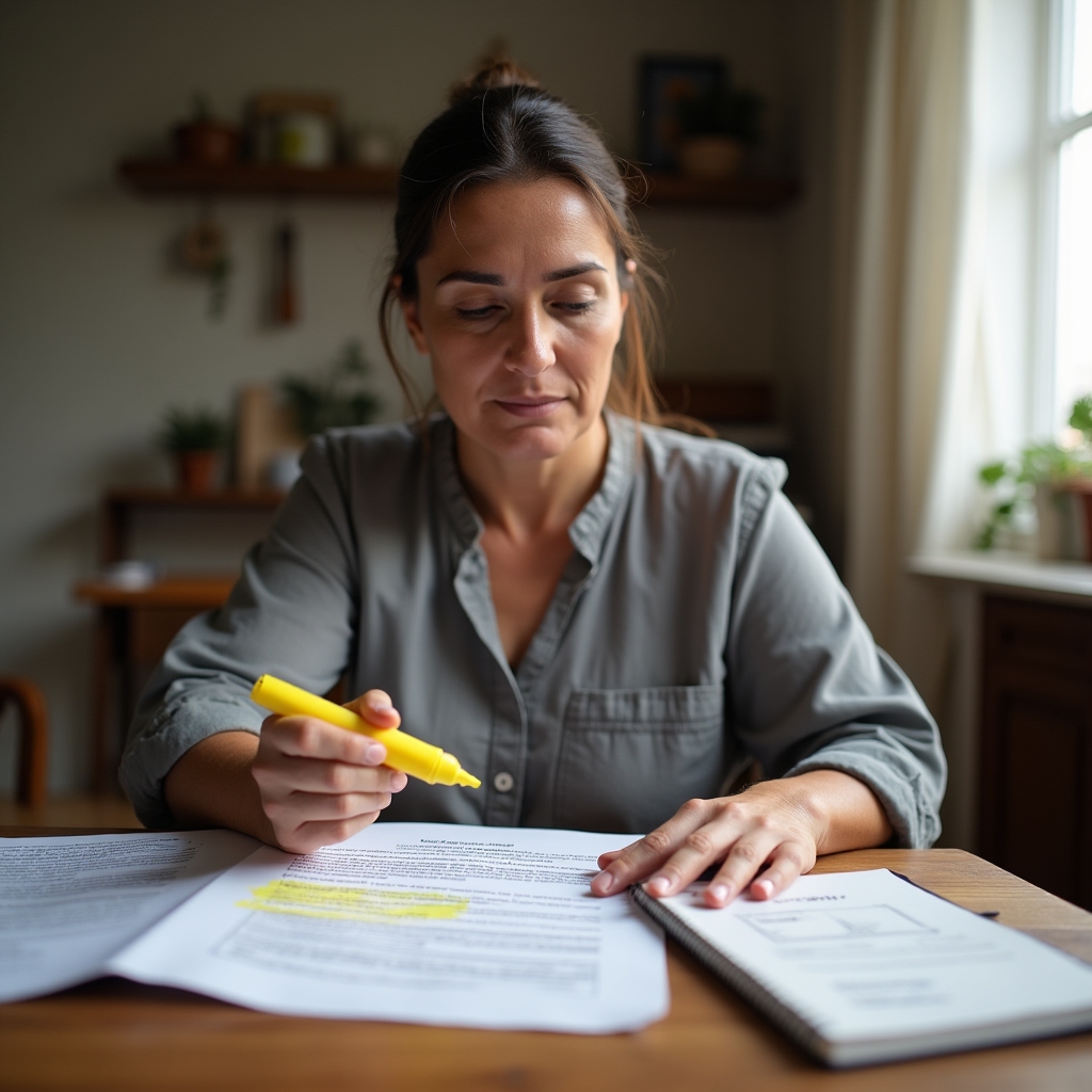 Woman reviewing credit terms and financial documents at home