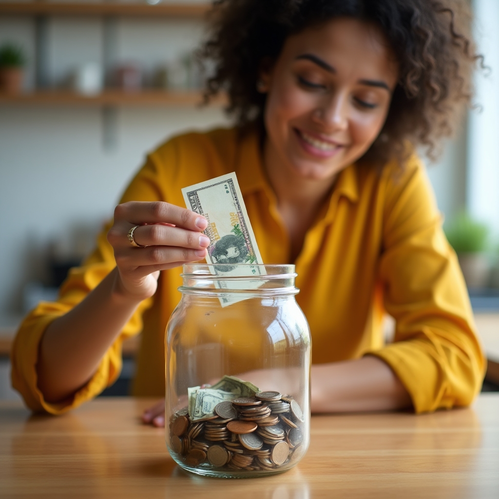 Woman placing coins into a savings jar on a wooden table
