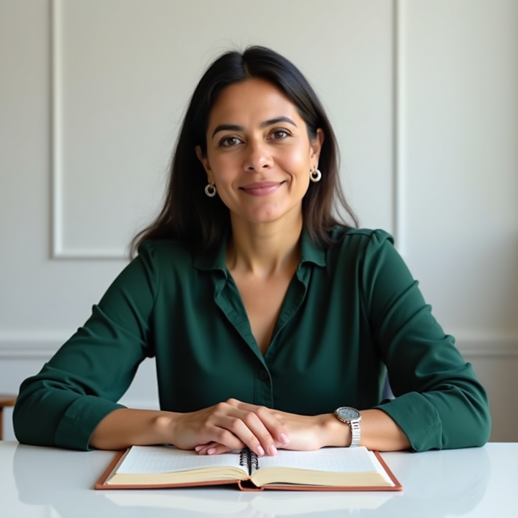 Confident woman at a desk making independent financial decisions