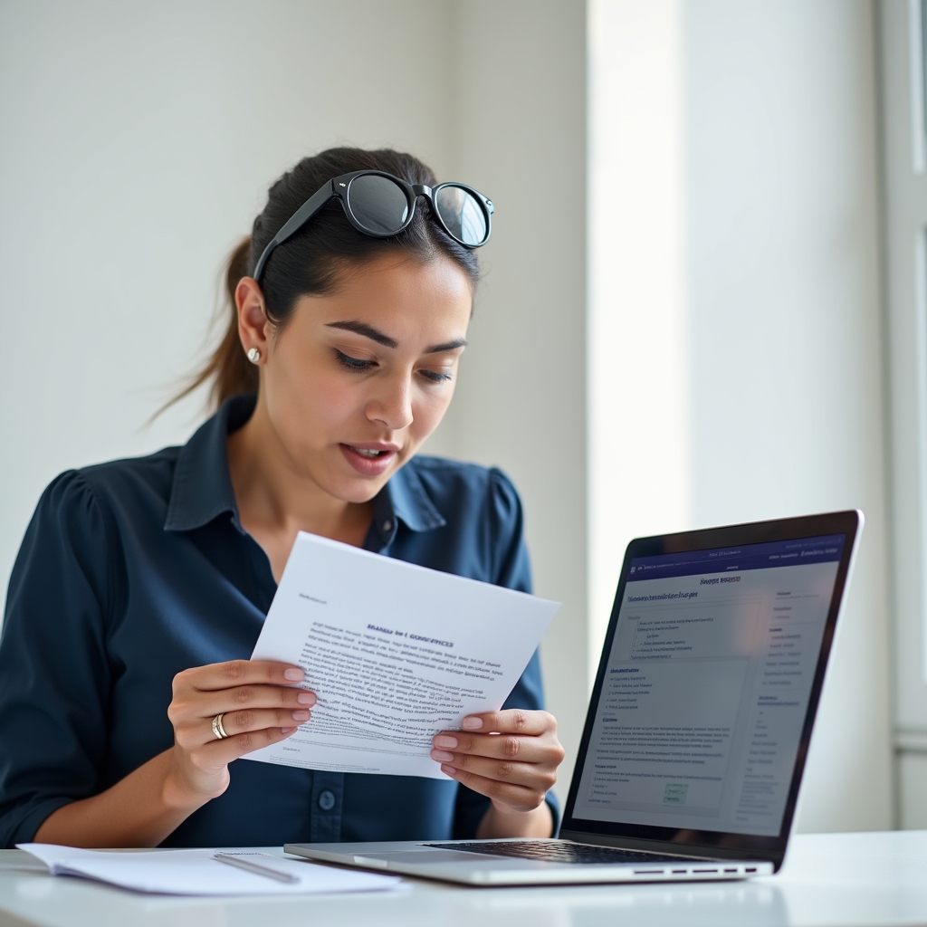 Woman reading about economic rights and legal documents at a desk