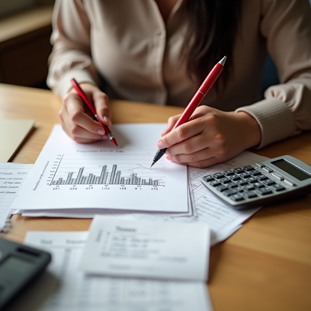 Woman analyzing monthly expenses with paper and calculator